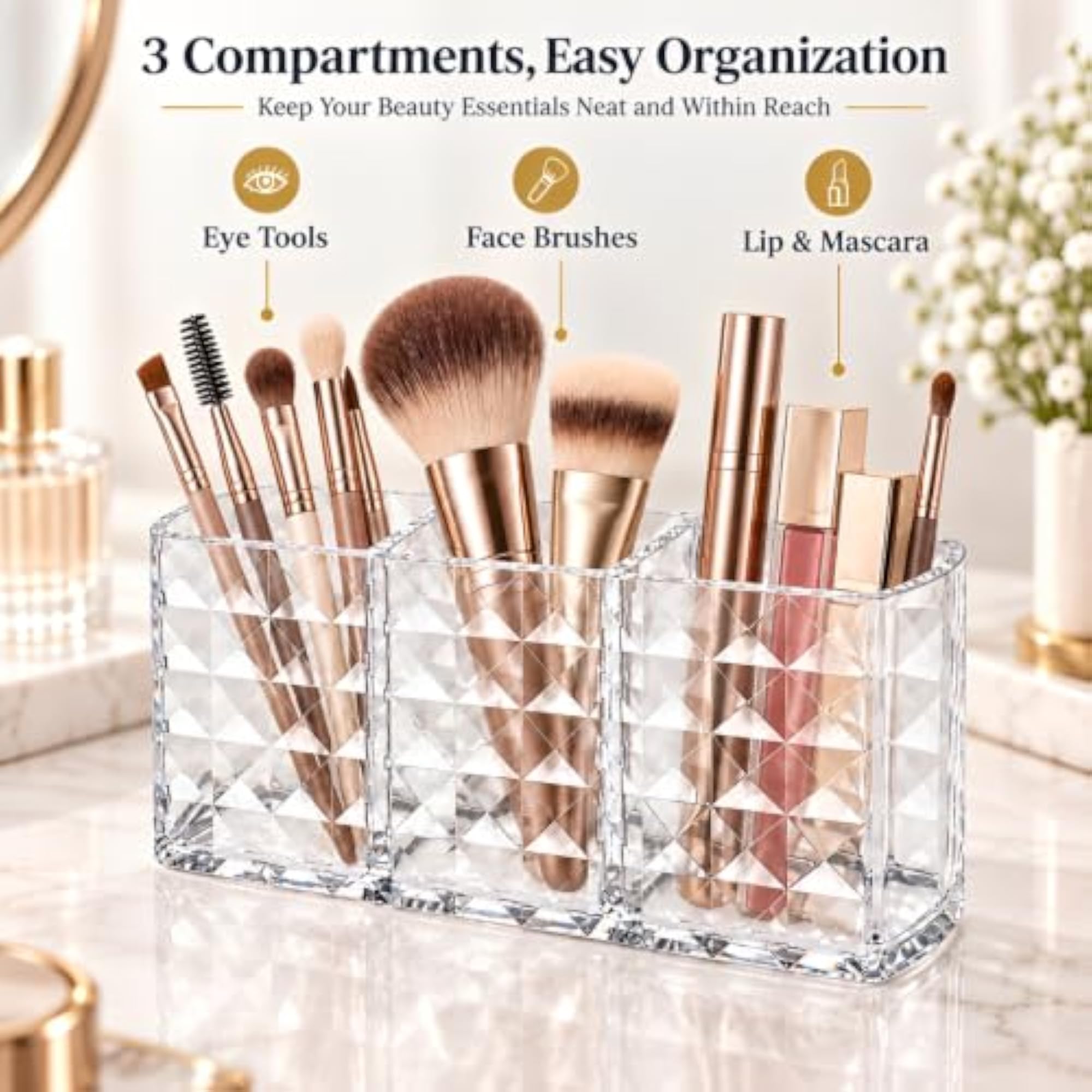 Clear Acrylic Makeup Brush Holder with 3 Slots